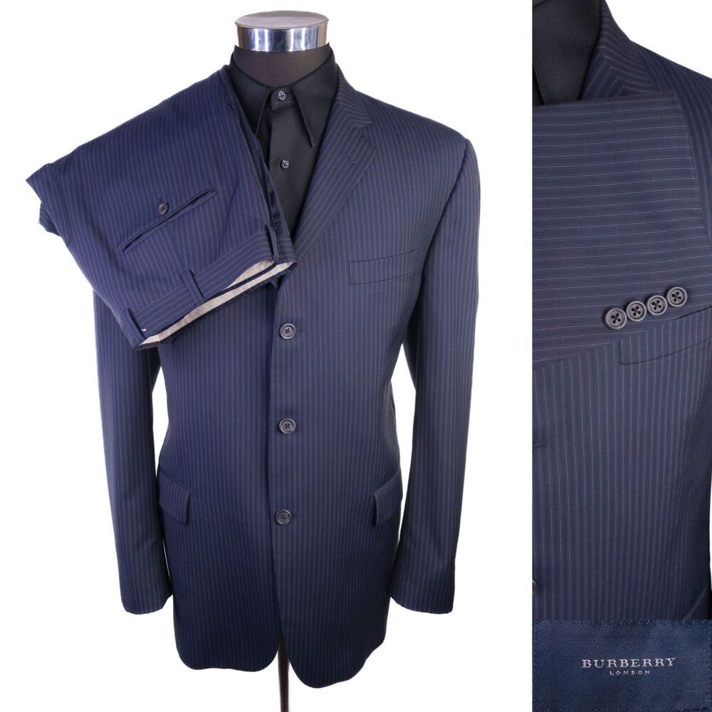 Burberry London BOND STREET 2-Pcs Striped Blue Suit Blazer Sz 44R Pants 38X29